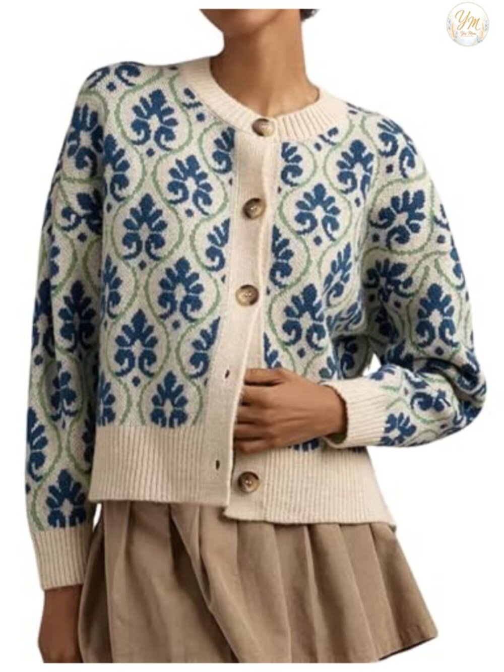 Floral Knit Cardigan Sweater Open Front Long Sleeve Button Down Vintage